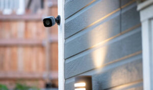 Black cctv surveillance camera outside building, home security system